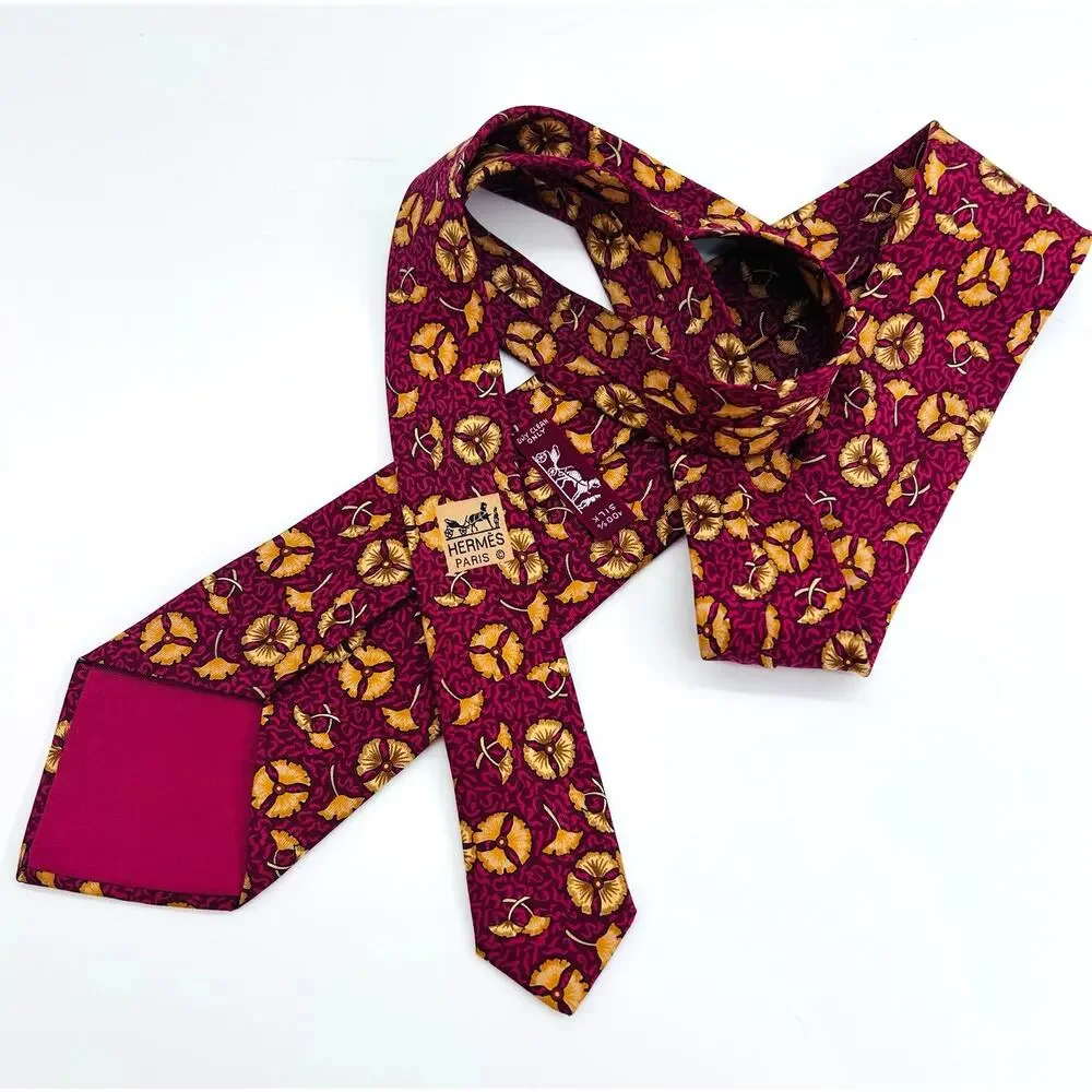 Hermes Burgundy and‎ Yellow Floral Motif Silk Tie